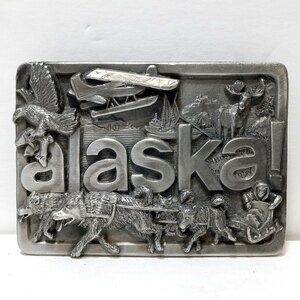 Vintage 1984 Alaska Embossed Pewter Metal Belt Buckle